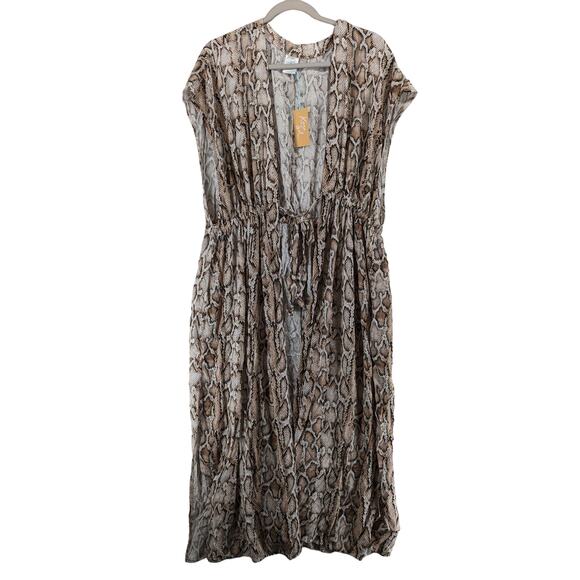 Kona Sol Animal Print Cover Up Beige Tan S M Tie Front Midi Duster Beach Cheetah - Picture 1 of 8